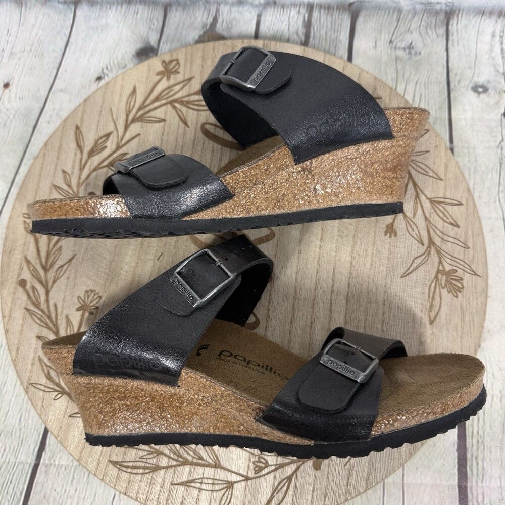 Birkenstock Papillio Wedge Sandals Women Size 38 US 7 Black Strap Buckle Shoes